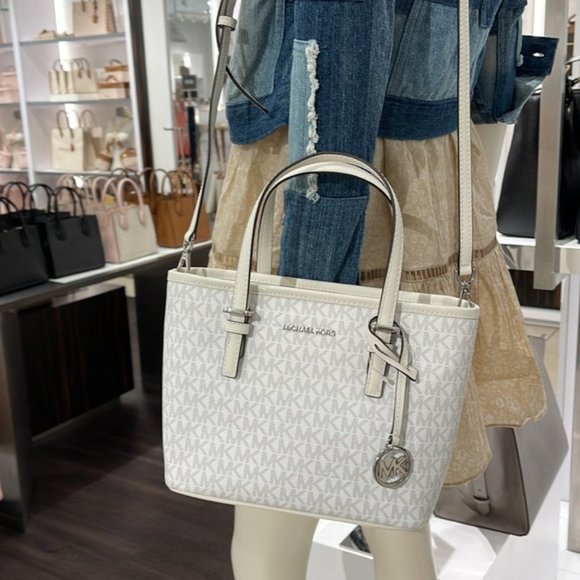 Michael Kors Jet Set Travel Extra-Small Logo Top-Zip Tote Bag Optic White Multi - Picture 13 of 16